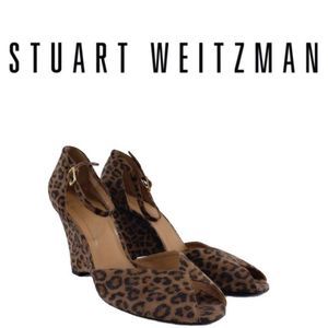 Vintage STUART WEITZMAN Leopard Printed Suede Open Toe Wedges